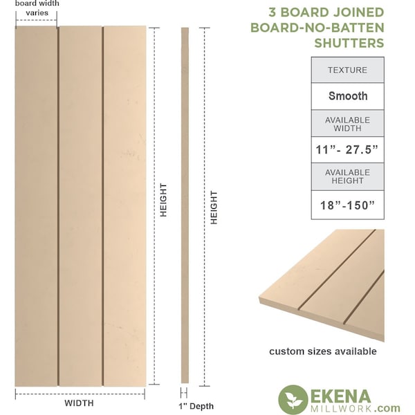 Rustic Three Board Joined Board-n-Batten Smooth Faux Wood Shutters W/No Batten, 16 1/2W X 26H